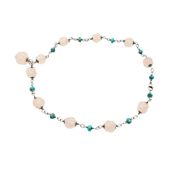 Vintage Floral Carved Rose Quartz & Turquoise Beaded Sterling Silver Necklace 16 - Picture 5 of 5